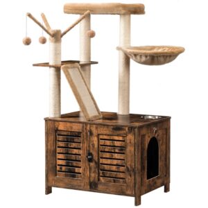 cat tree tower with litter box enclosure, wooden cat condo with scratching posts, cat hammock, hidden litter box furniture, all-in-one indoor cat villa, rustic brown