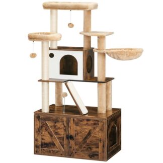 Kissapuu hiekkalaatikolla, 59.1 Korkea 2-in-1 monipuolinen kissatorni piilotetuilla hiekkalaatikon kalusteilla, Kissan asunto, Riippuvat pallot, Raaputuspostit, Raaputuslauta, Maalaismainen ruskea