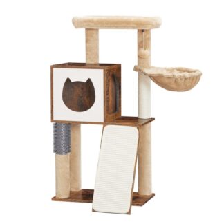 Drapak dla kotów domowych, Wieża dla kotów dla dorosłych kotów przebywających w pomieszczeniach zamkniętych, Drewniane mieszkanie dla kota z dużą grzędą, Domek do zabawy dla kota z drapakami dla kota, Hamak dla kota, Rustykalny brąz
