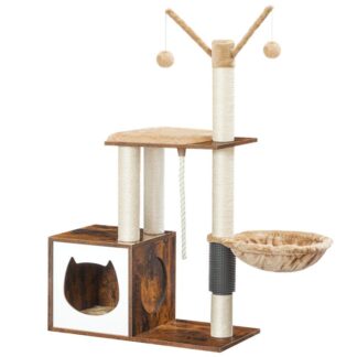 drzewo kota, Wieża kotów dla kotów wewnętrznych, Drewniany kot z kotami z słupkami, Cat Condo, hamak dla kota, górny okoń, zmywalna poduszka, Cat Self Groomer, Rustykalny brąz