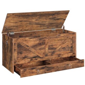 Coffre de rangement, 39.3" Coffre jouet avec tiroir, Banc de rangement en bois, Supports de banc d'entrée robustes 220 kg, Banc à chaussures, Charnière de sécurité, Ouverture en forme de U, Assemblage facile, Brun rustique