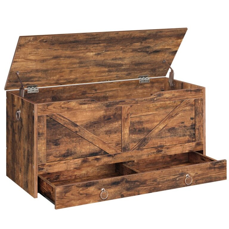 Coffre de rangement, 39.3" Coffre jouet avec tiroir, Banc de rangement en bois, Supports de banc d'entrée robustes 220 kg, Banc à chaussures, Charnière de sécurité, Ouverture en forme de U, Assemblage facile, Brun rustique