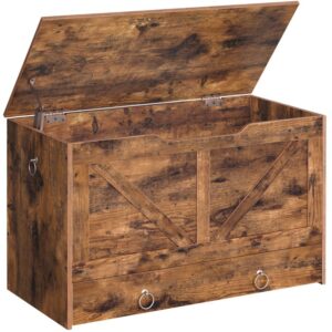 storage chest, storage trunk with drawer, wooden storage bench, sturdy entryway bench supports 220 lb, shoe bench, safety hinge, u-shaped opening, easy assembly, rustic brown