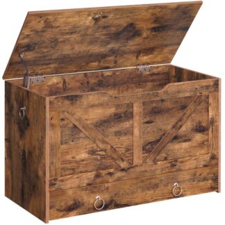 storage chest, storage trunk with drawer, wooden storage bench, sturdy entryway bench supports 220 lb, shoe bench, safety hinge, u-shaped opening, easy assembly, rustic brown