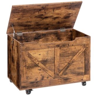 coffre de rangement, Trunk de stockage sur roues, Supports de banc de stockage robustes 220 kg, banc d'entrée en bois, banc à chaussures, mobile, charnière de sécurité, ouverture en forme de U, assemblage facile, marron rustique