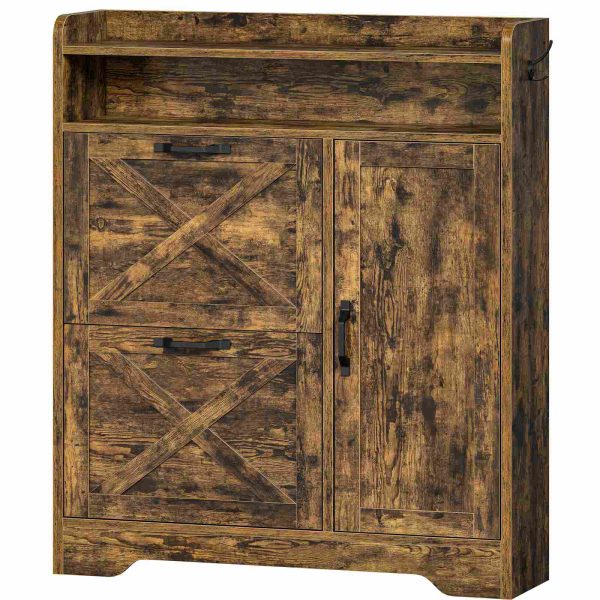 Shoe Storage Cabinet with 2 Flip Drawers, Slim Entryway Shoe Cabinet with Adjustable Side Storage, Wooden Shoe Organizer for Hallway, Rustic Brown