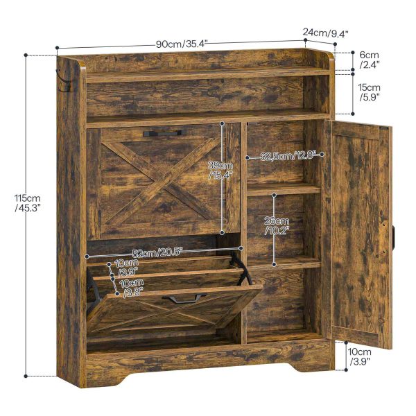 Shoe Storage Cabinet with 2 Flip Drawers, Slim Entryway Shoe Cabinet with Adjustable Side Storage, Wooden Shoe Organizer for Hallway, Rustic Brown