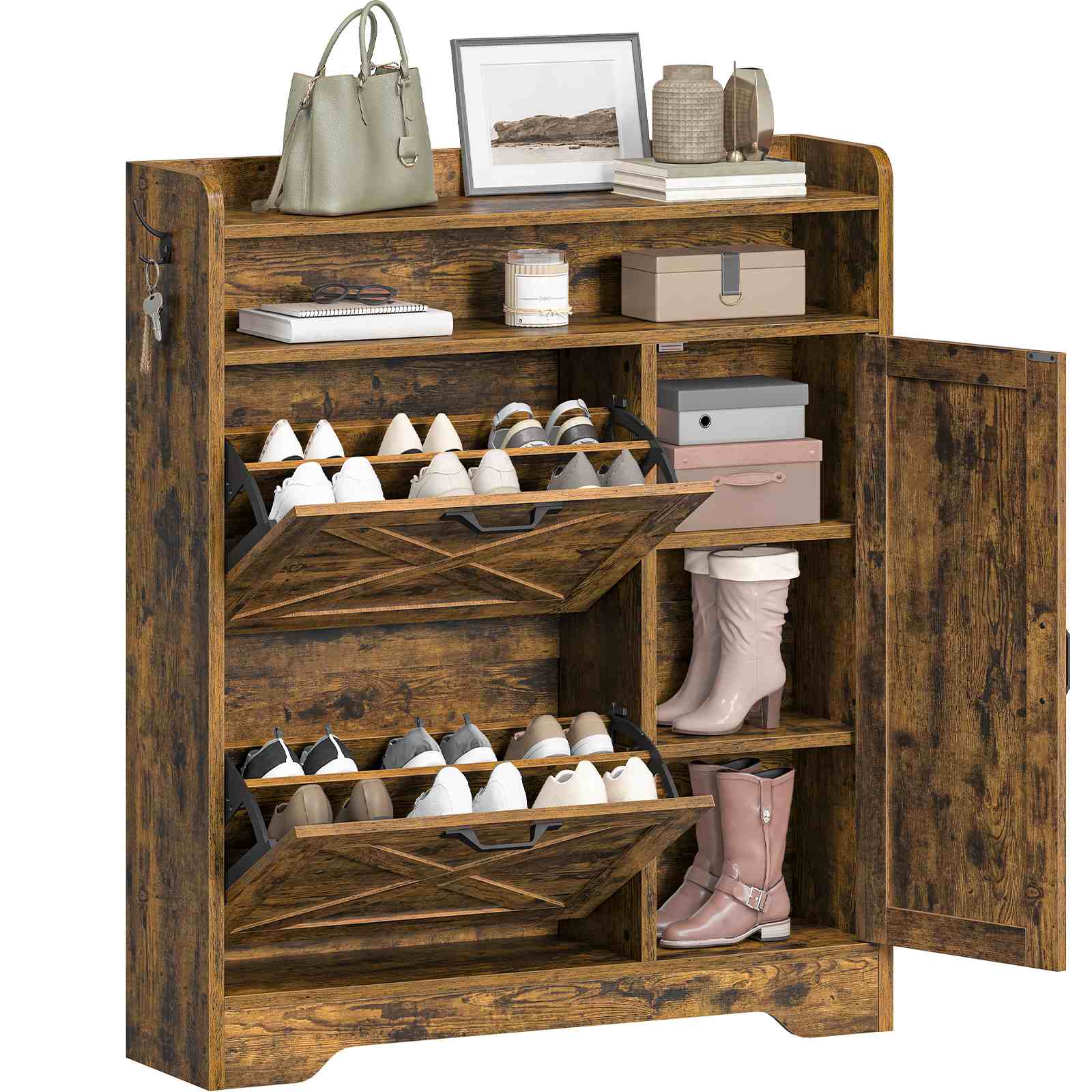 Shoe Storage Cabinet with 2 Flip Drawers, Slim Entryway Shoe Cabinet with Adjustable Side Storage, Wooden Shoe Organizer for Hallway, Rustic Brown