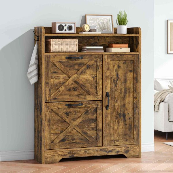 Shoe Storage Cabinet with 2 Flip Drawers, Slim Entryway Shoe Cabinet with Adjustable Side Storage, Wooden Shoe Organizer for Hallway, Rustic Brown