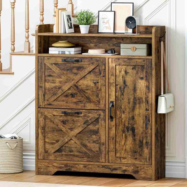 Shoe Storage Cabinet with 2 Flip Drawers, Slim Entryway Shoe Cabinet with Adjustable Side Storage, Wooden Shoe Organizer for Hallway, Rustic Brown