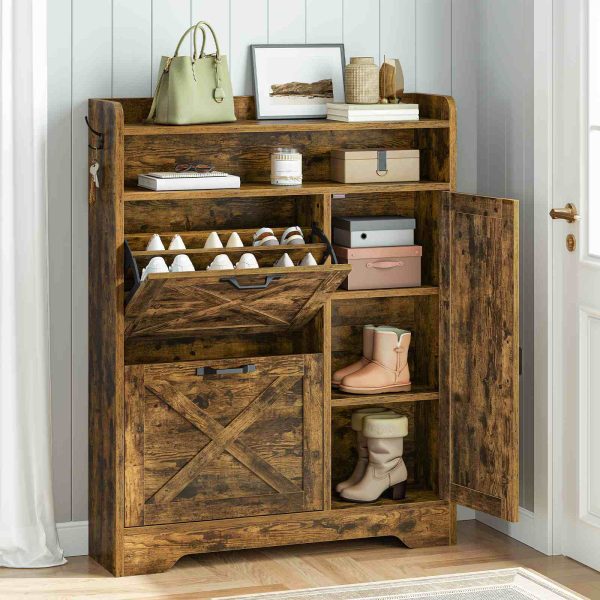 Shoe Storage Cabinet with 2 Flip Drawers, Slim Entryway Shoe Cabinet with Adjustable Side Storage, Wooden Shoe Organizer for Hallway, Rustic Brown