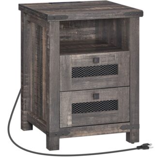Farmhouse Nightstand with Charging Station, End Table with 2 Drawers Open Storage, 18'' Farmhouse Side Table with Outlets and USB Ports, Bedside Table for Bedroom, Vintage Gray