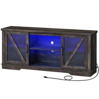 TV -jalusta LED -valot ja sähkökäyttöiset pistorasiat, Maalaistalo -TV -osasto 75 Tuumainen TV, Mediaviihdekeskus olohuoneeseen, TV -konsolipöytä, TV -teline säilytystilassa, Tumma maalaismainen tammi