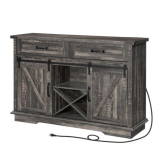 κρασί μπαρ με έξοδο ισχύος, 53.9-ίντσα αγροικία καφέ μπαρ με 2 σώβρακο, συρόμενες πόρτες αχυρώνα, κατόχους κυπέλλου και σχήμα κρασιού σε σχήμα Χ, τρυφερός γκρι