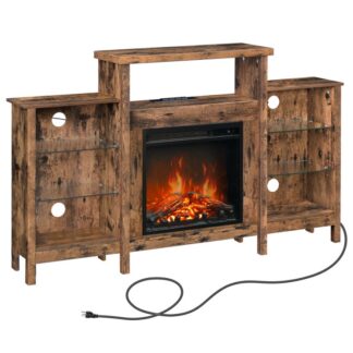 τζάκι τηλεόραση για τηλεοράσεις μέχρι 65 ίντσα, Κέντρο ψυχαγωγίας με ρυθμιζόμενα ράφια γυαλιού, 58.9'' Ηλεκτρική τηλεόραση στάση με τζάκι και εξόδους ισχύος, καθιστικό, ρουστίκ