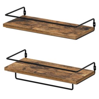 رفوف عائمة, مجموعة أرفف الجدار من 2, أرفف التخزين مع العلبة, أرفف زخرفية مع قضيب معلق, لغرفة المعيشة, مطبخ, حمام, بني ريفي أسود