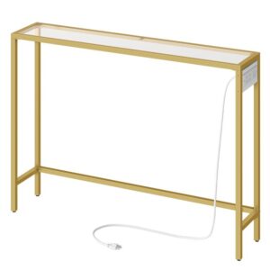 Console Table with 2 USB Ports and 2 Sockets, Entryway Table with Charging Station, Tempered Glass Sofa Table, Behind Couch, Living Room, Bedroom, Gold