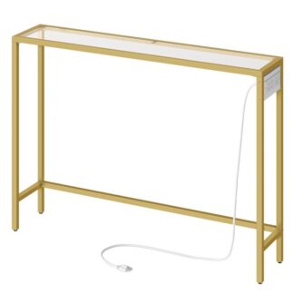 Konsolin taulukko 2 USB -portit ja 2 Pistorasiat, Sisäänkäyntipöytä latausasemalla, Karkaistu lasi -sohvapöytä, Sohvan takana, Olohuone, Makuuhuone, Kulta