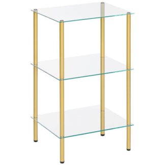 Glass Shelf, 3 Tier Standing Shelf Unit, Durable Glass Shelving Stand for Small Space, Space-Saving, for Bathroom, Bedroom, Home Office, Tempered Glass, Steel Frame, Gold