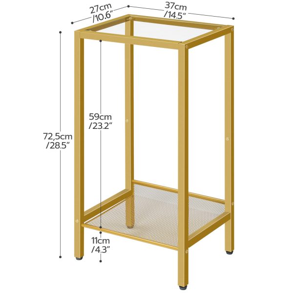 Grande table d'appoint en verre trempé avec étagères réglables en maille, Cadre moderne en métal doré., Multifonctionnel pour l'entrée, Bureau, Couloir et salon