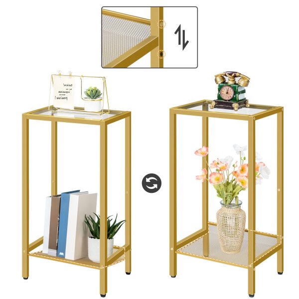 Grande table d'appoint en verre trempé avec étagères réglables en maille, Cadre moderne en métal doré., Multifonctionnel pour l'entrée, Bureau, Couloir et salon