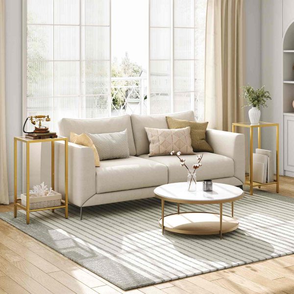 Grande table d'appoint en verre trempé avec étagères réglables en maille, Cadre moderne en métal doré., Multifonctionnel pour l'entrée, Bureau, Couloir et salon