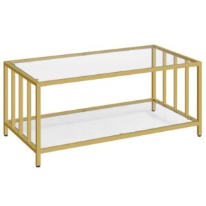 glass coffee table, 2-tiers glass table with golden steel frame, living room table, modern simple center table, easy assembly, open storage shelf for living room, office, golden