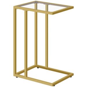 c shaped end table, tempered glass gold side table, under sofa table, small coffee snack table for small spaces, laptop end table for living room, bedside table, metal frame, gold