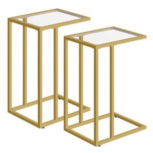 C Shaped End Tables Set of 2, Tempered Glass Snack Side Tables with Metal Frame, TV Tray Tables for Small Space, Sofa Couch and Bed, Modern Style, Gold