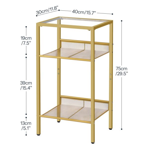Gouden hoge bijzettafel, Telefoontafel van gehard glas met gaasplank, 3-Hoge en smalle bijzettafel voor kleine ruimtes, Bank, Woonkamer, Slaapkamer, Eenvoudige montage, Moderne stijl
