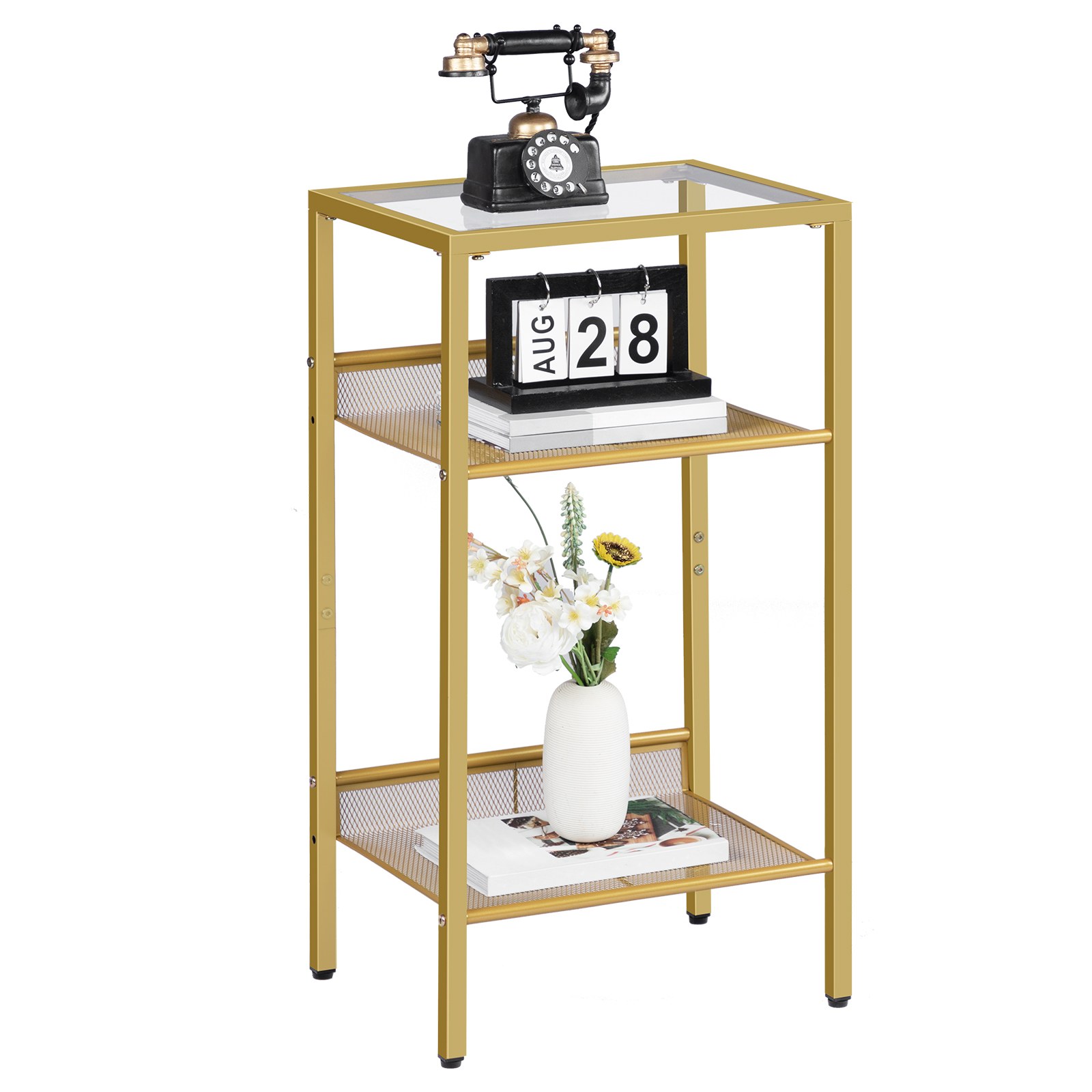 Gold Tall End Table, Table téléphonique en verre trempé avec étagère en mailles, 3-Tableau de niveau supérieur et étroite pour un petit espace, Canapé, Salon, Chambre à coucher, Assemblage facile, Style moderne