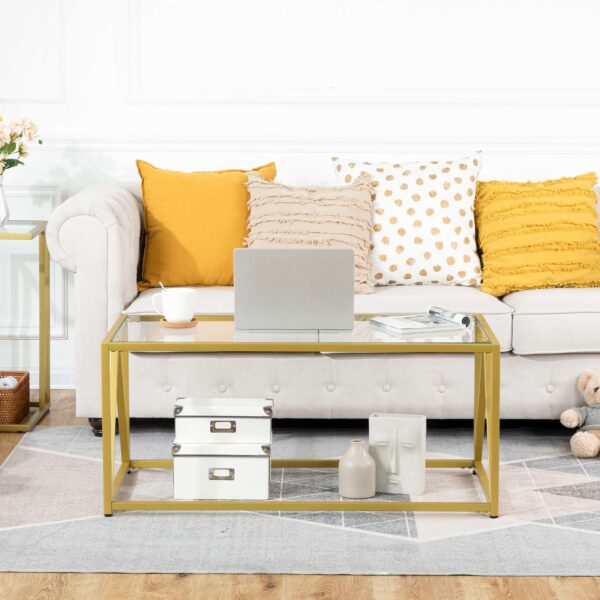 Couchtisch aus Glas, Goldene Couchtische für das Wohnzimmer, 1 Layer-Center-Tisch, Öffnen Sie das Lagerregal, Modern, für Wohnung, Büro, 39.4 x 19.7 X 17.7 Zoll, Einfache Montage, Golden