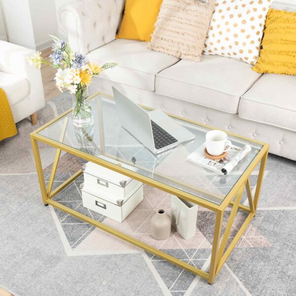 Couchtisch aus Glas, Goldene Couchtische für das Wohnzimmer, 1 Layer-Center-Tisch, Öffnen Sie das Lagerregal, Modern, für Wohnung, Büro, 39.4 x 19.7 X 17.7 Zoll, Einfache Montage, Golden