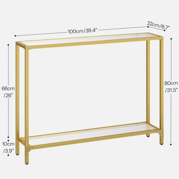 2-طاولة كونسول من الزجاج المقسى, طاولة أريكة للمدخل ذهبية رفيعة مع أرفف تخزين مزدوجة, منظم العرض الحديث لغرفة المعيشة, مناسبة للمساحات الصغيرة