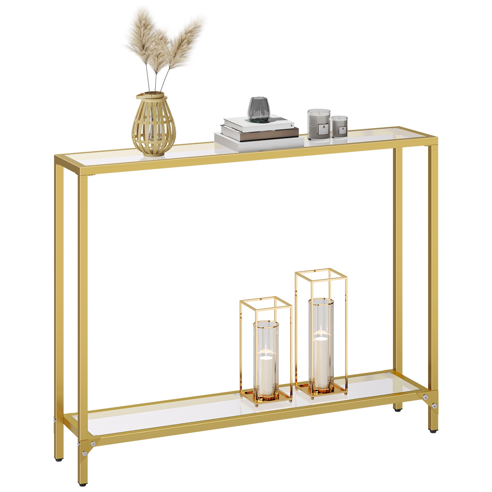 2-Tier Tempered Glass Console Table, Slim Gold Hallway Sofa Table with Double Storage Shelves, Modern Display Organizer for Living Room, Suitable for Small Spaces