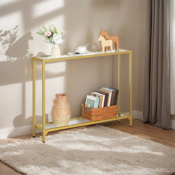 2-طاولة كونسول من الزجاج المقسى, طاولة أريكة للمدخل ذهبية رفيعة مع أرفف تخزين مزدوجة, منظم العرض الحديث لغرفة المعيشة, مناسبة للمساحات الصغيرة