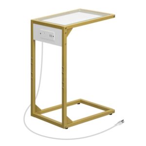 c shaped end table with charging station, tempered glass table couch table with metal frame, snack side table for small space, living room, bedroom, tv tray table, gold