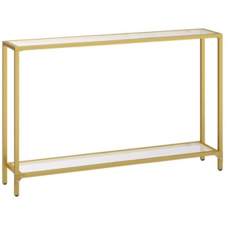 47.2" gold console table, tempered glass sofa table, narrow entryway table, narrow couch table, metal frame, modern style, hallway, living room, gold