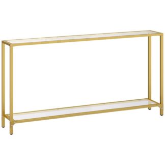 55.1" gold console table, narrow tempered glass entryway table, sofa table behind couch, modern style, metal frame, hallway, living room, gold