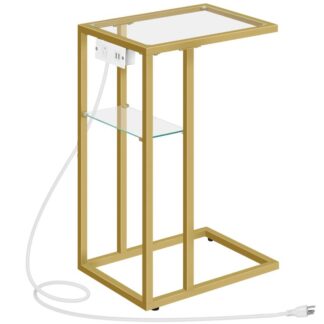 C-образный столик с зарядной станцией, Приставной столик для дивана из закаленного стекла с металлическим каркасом, Стол для закусок C для небольших помещений, Гостиная, Спальня, Общежитие, Современный Стиль, Золото