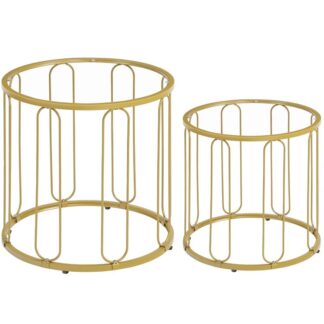 Small Coffee Table Set of 2, Gold Accent End Tables with Metal Frame, Round Coffee Side Table with Glass Top, for Living Room, Bedroom, Gold
