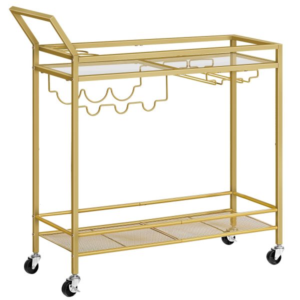 2-Tier Gold Bar Cart with Wine Rack and Glass Holder, Mobile Serving Cart with Wheels and Guard Rails for Dining Room, غرفة الجلوس, الحزب والحانة