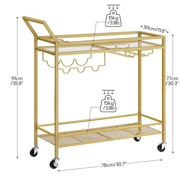 2-Tier Gold Bar Cart with Wine Rack and Glass Holder, Mobile Serving Cart with Wheels and Guard Rails for Dining Room, غرفة الجلوس, الحزب والحانة