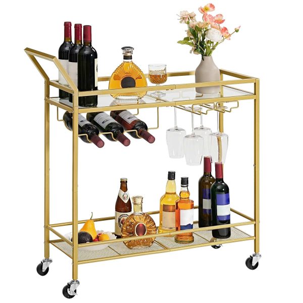 2-Tier Gold Bar Cart with Wine Rack and Glass Holder, Mobile Serving Cart with Wheels and Guard Rails for Dining Room, غرفة الجلوس, الحزب والحانة
