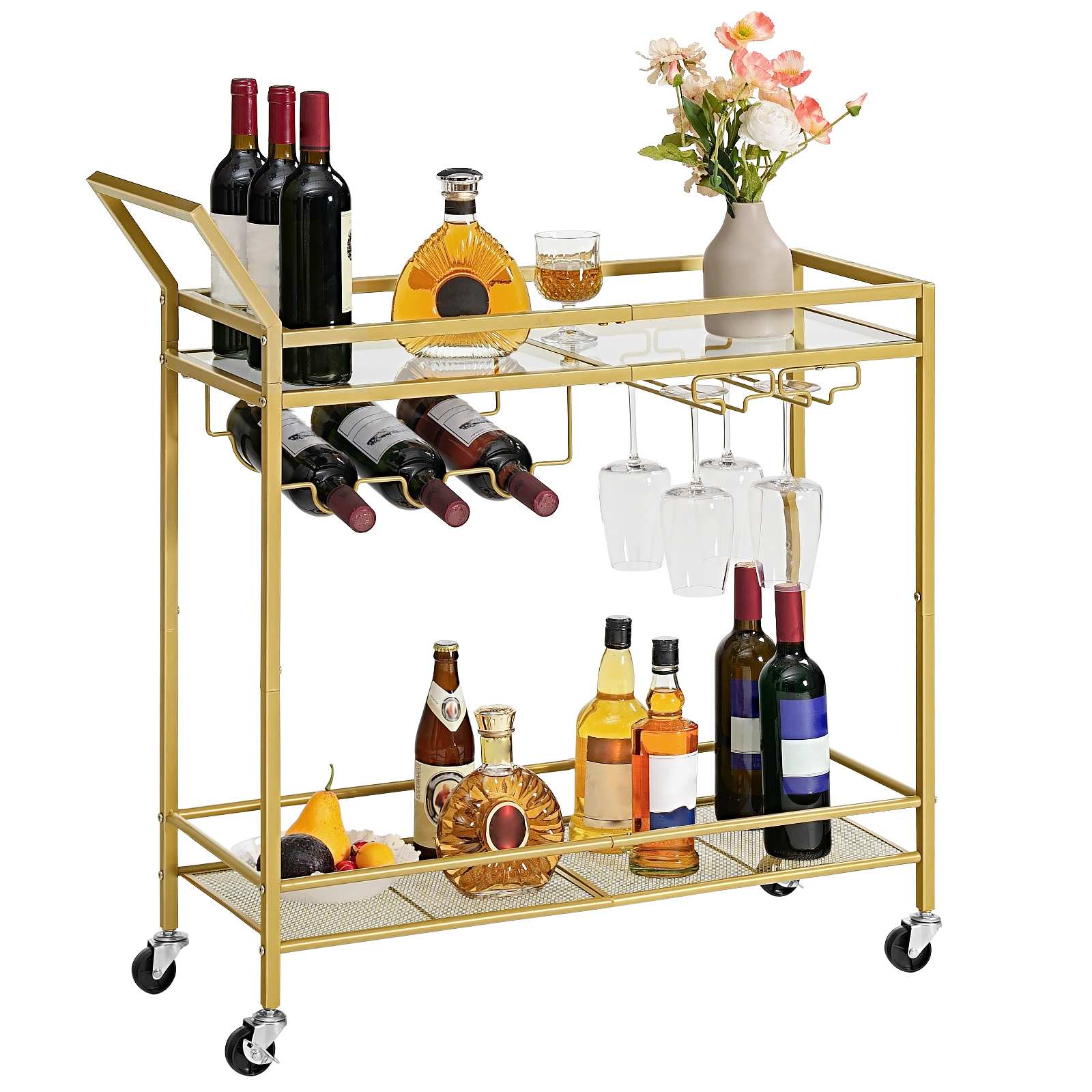 2-Tier Gold Bar Cart with Wine Rack and Glass Holder, Mobile Serving Cart with Wheels and Guard Rails for Dining Room, غرفة الجلوس, الحزب والحانة