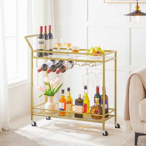2-Tier Gold Bar Cart with Wine Rack and Glass Holder, Mobile Serving Cart with Wheels and Guard Rails for Dining Room, غرفة الجلوس, الحزب والحانة