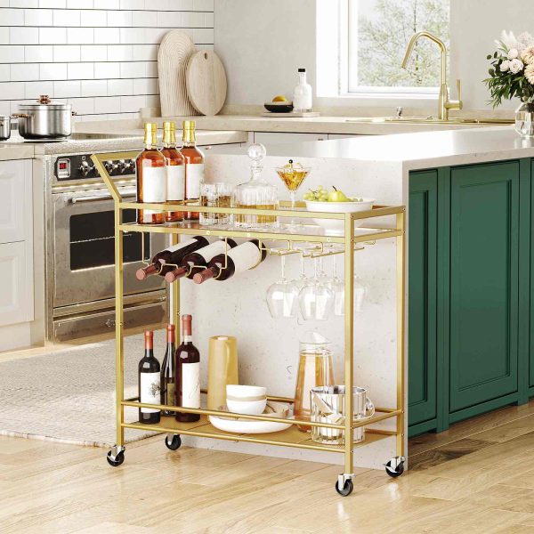 2-Tier Gold Bar Cart with Wine Rack and Glass Holder, Mobile Serving Cart with Wheels and Guard Rails for Dining Room, غرفة الجلوس, الحزب والحانة