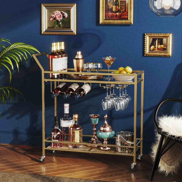 2-Tier Gold Bar Cart with Wine Rack and Glass Holder, Mobile Serving Cart with Wheels and Guard Rails for Dining Room, غرفة الجلوس, الحزب والحانة