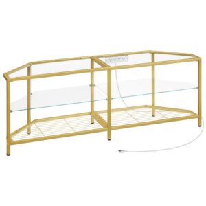 tv stand with power outlet for tvs up to 60", modern 55 inch corner tv console table with open shelves, tempered glass media entertainment center for living room, bedroom, gold