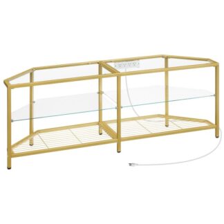 tv stand with power outlet for tvs up to 60", حديث 55 طاولة وحدة تحكم تلفزيونية بوصة مع أرفف مفتوحة, مركز الترفيه الإعلامي الزجاجي المقسى لغرفة المعيشة, غرفة نوم, ذهب